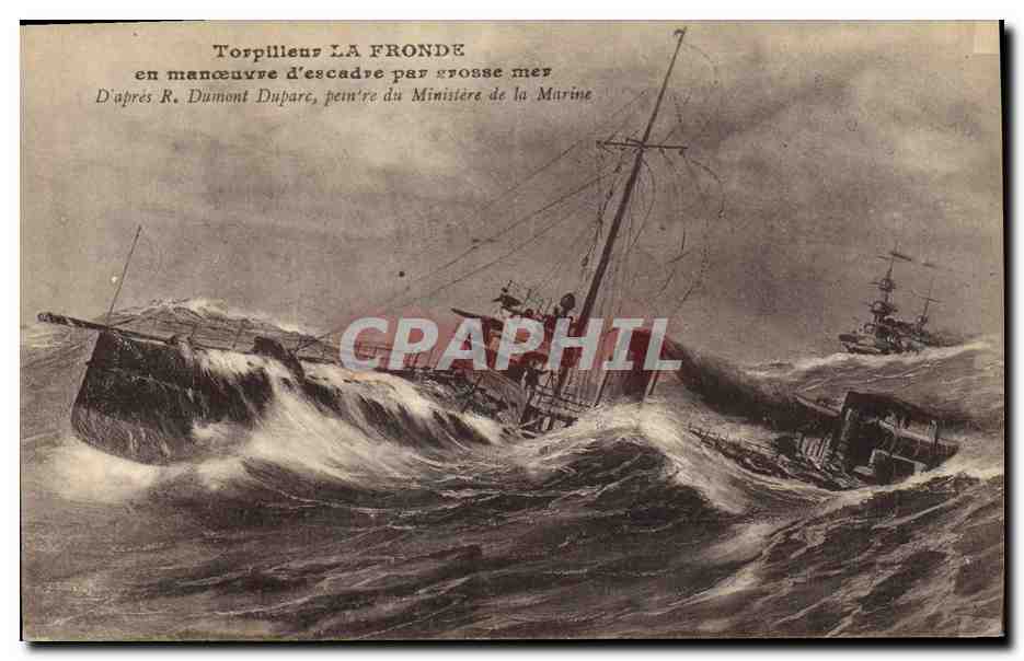 Torpilleur LA FRONDE — en maniobra de escuadra en mar grueso — Basado en R. Dumont Duparc, pintor del Ministerio de Marina