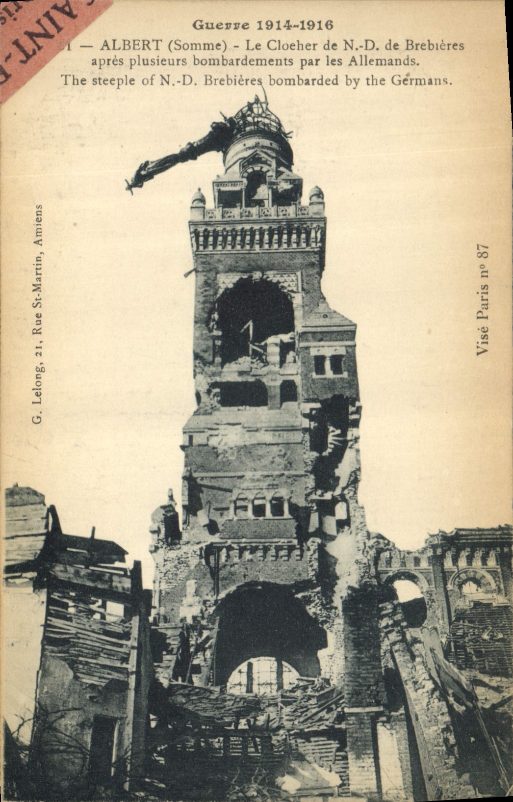 Albert (Somme) — Église Notre-Dame de Brebières après bombardements — G. Lelong, Amiens