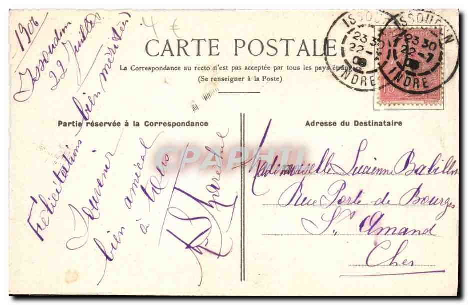 CPA Palais de justice Issoudun Place de s Marches Institution des Jeunes filles Mlle Marechale Place — Verso
