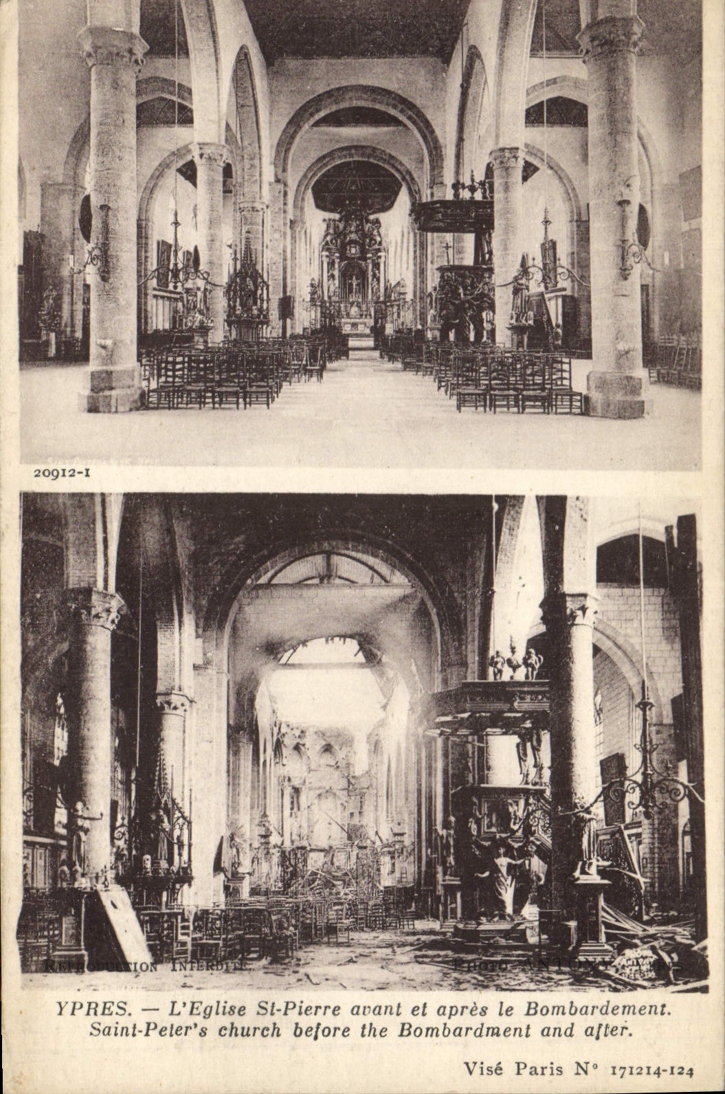 Ypres — Église Saint-Pierre avant et après le bombardement — Collection Interbeu, N° 171214-124