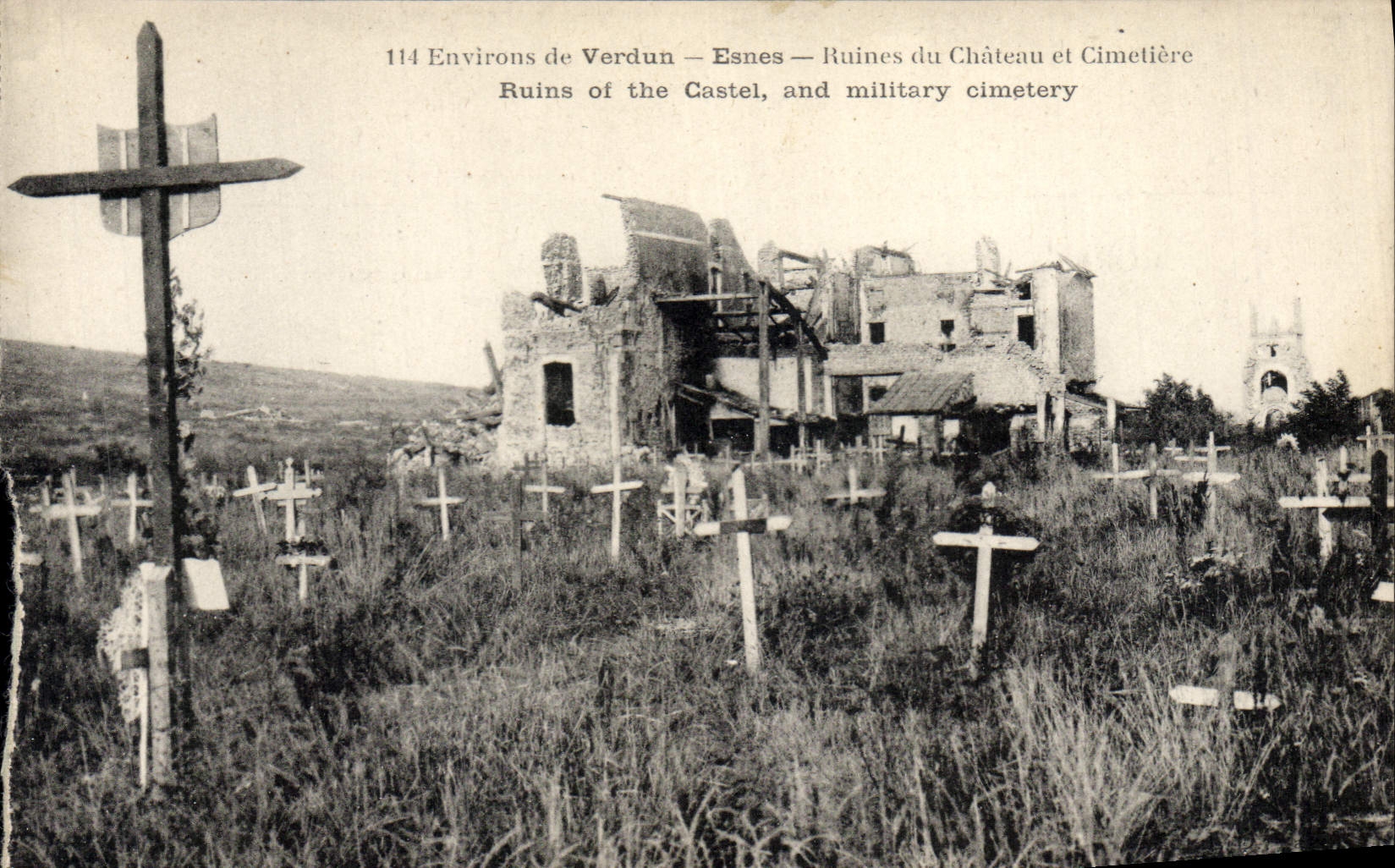 Environ de Verdun — Esnes — Ruines du Château et Cimetière — Éditeur non visible, n° de série 114