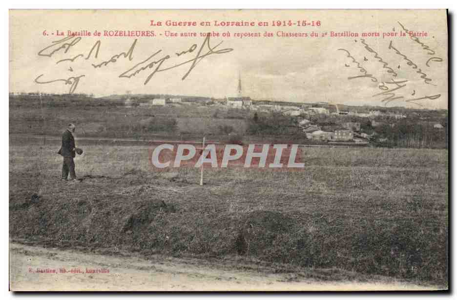 La Guerre en Lorraine en 1914-15-16 — La Bataille de ROZELIEURES — Une autre tombe où reposent des Chasseurs du 2e Bataillon morts pour la Patrie — É. Bastien, lith.-édit., Luxeuil-les-Bains