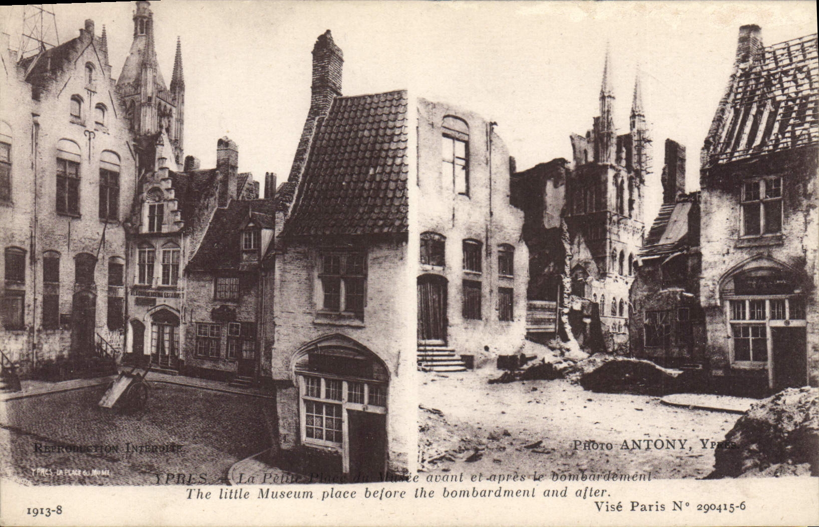 La Petite Place de Visée avant et après le bombardement — Photo Antony, Ypres N° 290415-6