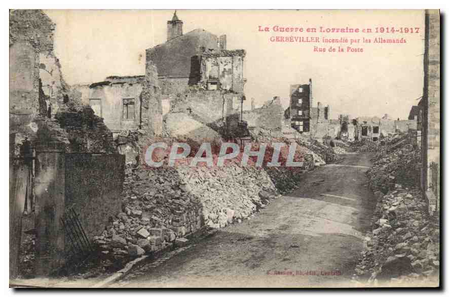 Gerbéviller — Rue de la Poste incendiée par les Allemands — S. Bresson, lith. à Lyon