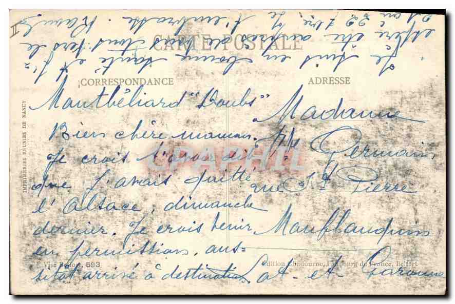 Dannemarie - Le Viaduc bombardé par les Allemands (31 Mai 1915) — CPA n°664, édition Maourne, Louvigny de France, Belfort — Verso