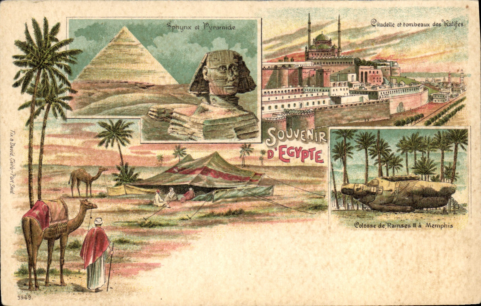 CPA Egypt Egypte Sphynx et pyramide Citadelle et tombeaux des kalifes Colosse de Ramses II a Memphis