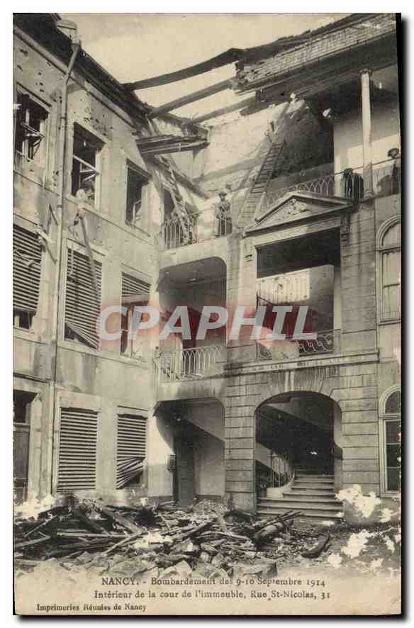 Nancy - Bombardement du 9-10 Septembre 1914 — Intérieur de la cour de l'immeuble, Rue St-Nicolas, 31 — Imprimeries Réunies de Nancy
