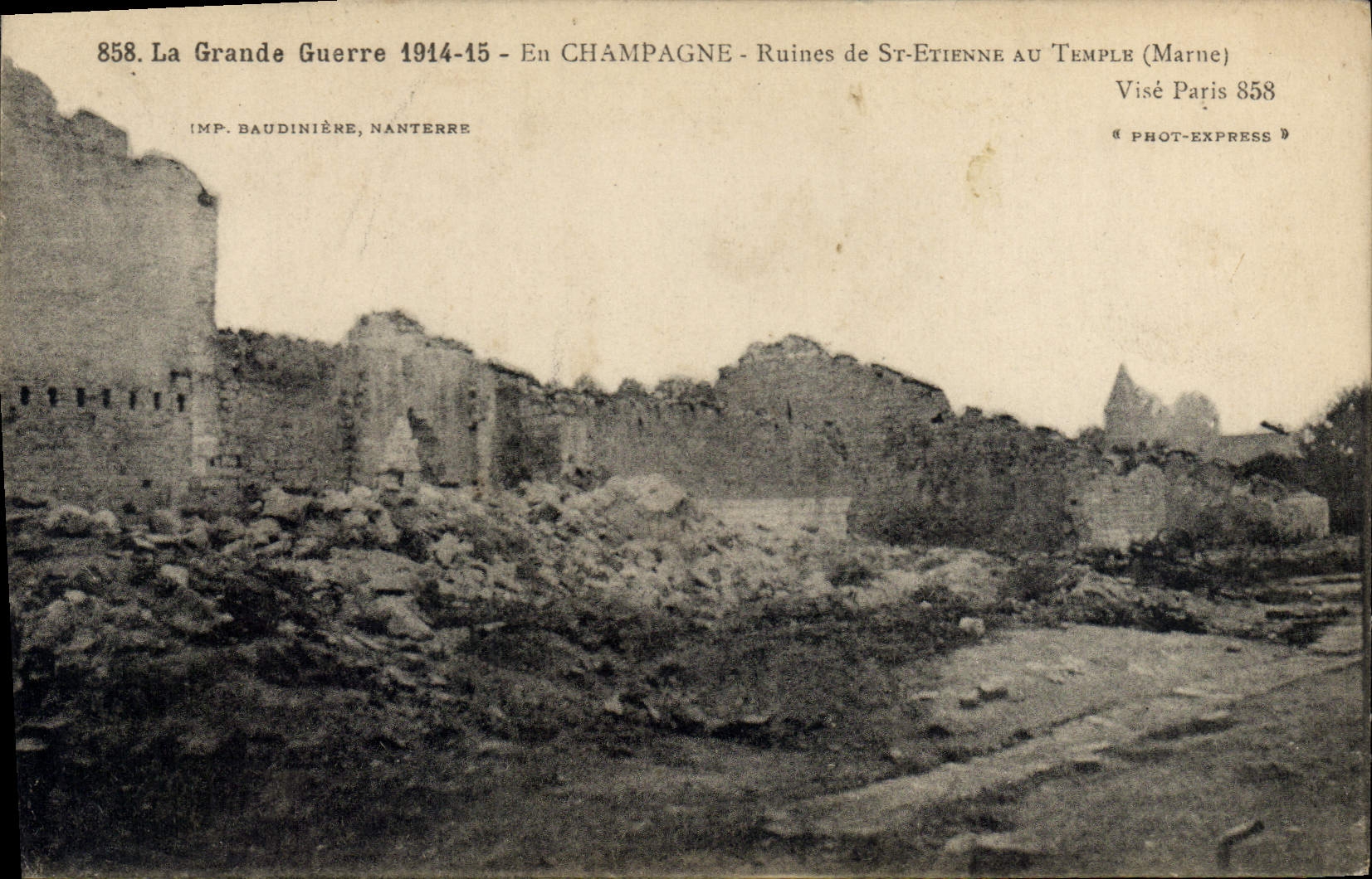 Ruinas de San Etienne al Templo (Marne) — Gran Guerra 1914-15 — Imp. Baudinière, Nanterre, n° 858