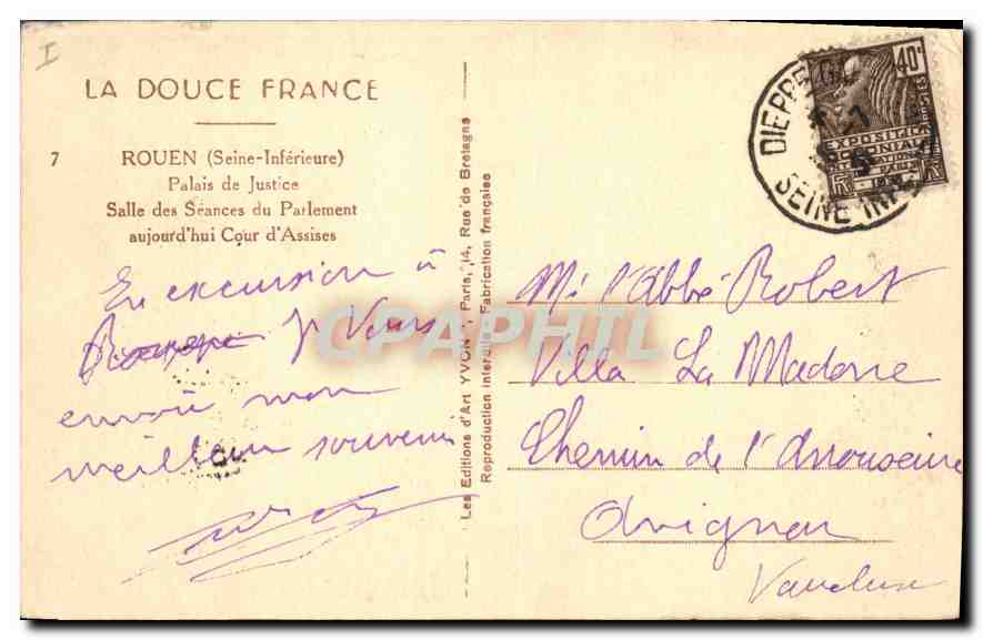 CPA Rouen Palais de Justice Salle des Seances du Parlement  — Rückseite