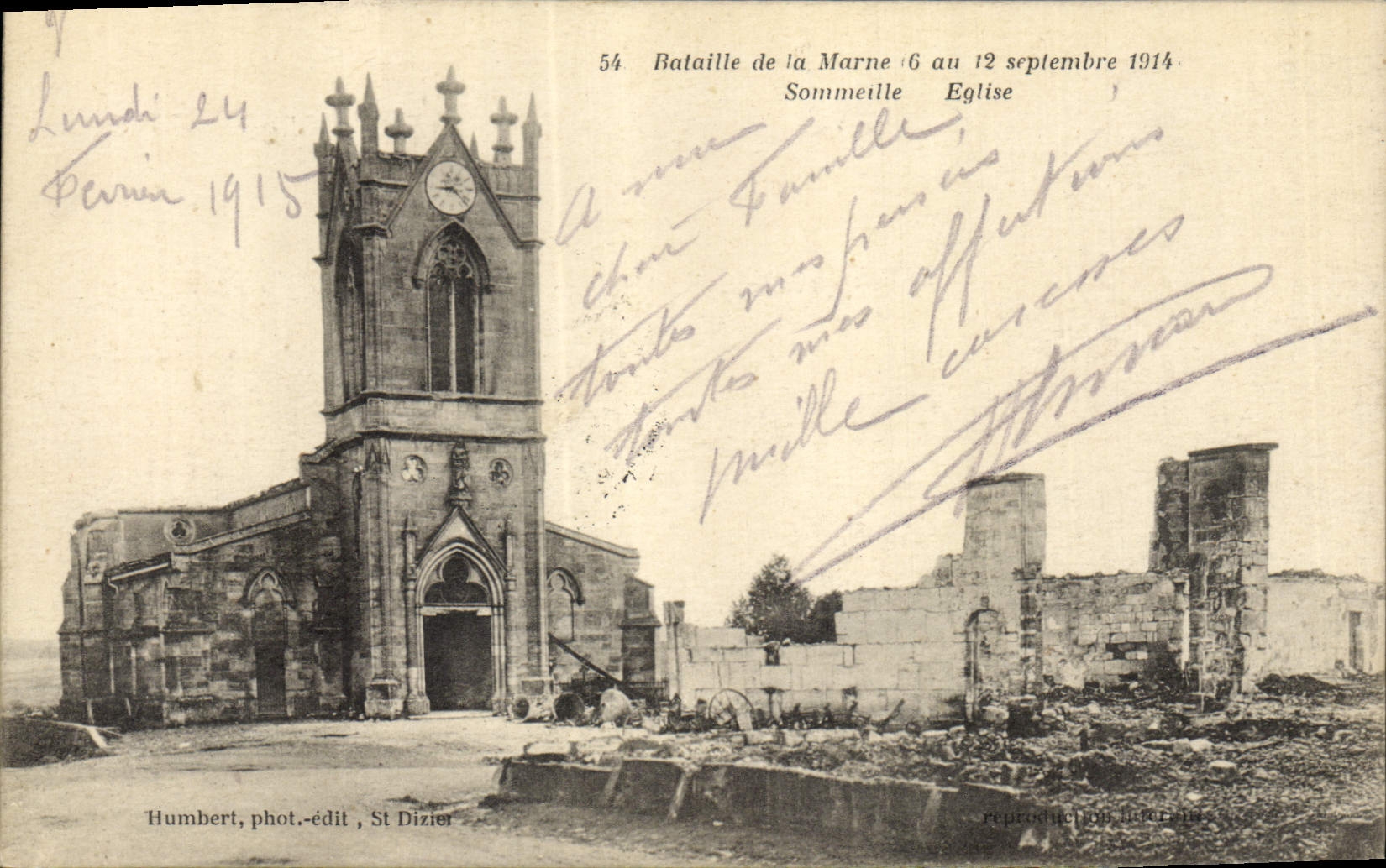Église de Sommeville — Bataille de la Marne 6 au 12 septembre 1914 — Humbert, phot.-édit, St Dizier