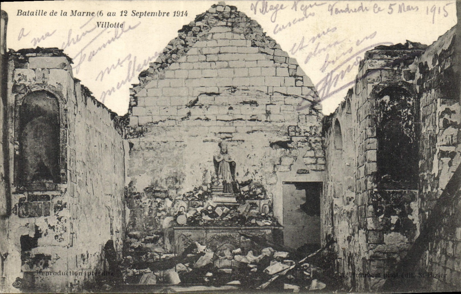 Villioite — Ruines après la Bataille de la Marne (6 au 12 Septembre 1914) — Reproduction interdite, édit. St-Hizier
