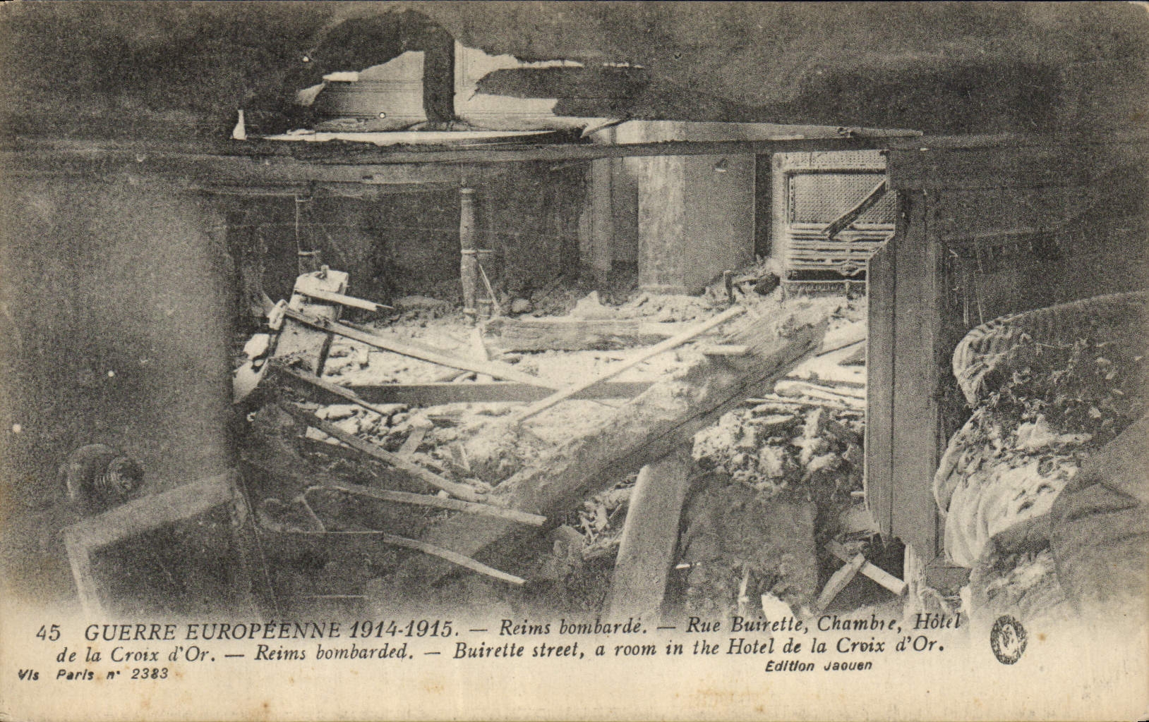 Reims bombardeado — Rue Buirette, Habitación, Hotel de la Croix d'Or — Edición Jaouen