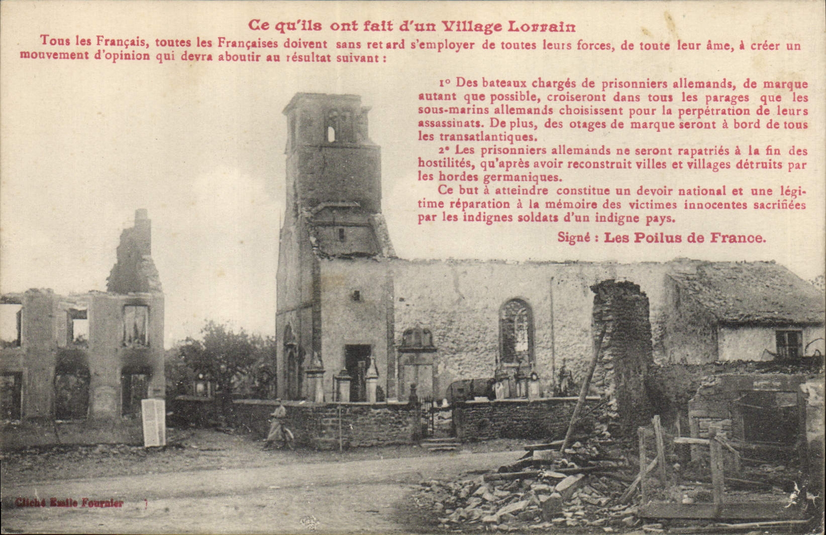 Ruines d'un village lorrain — appel à la vengeance — cliché Emile Fournier