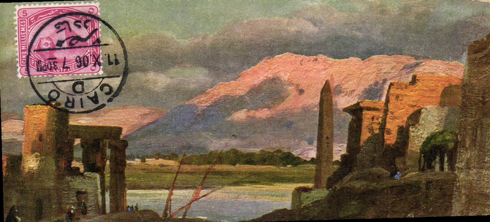 Luxor avec les monts de Thèbes — éditeur R. 198 — timbre 5 piastres égyptien