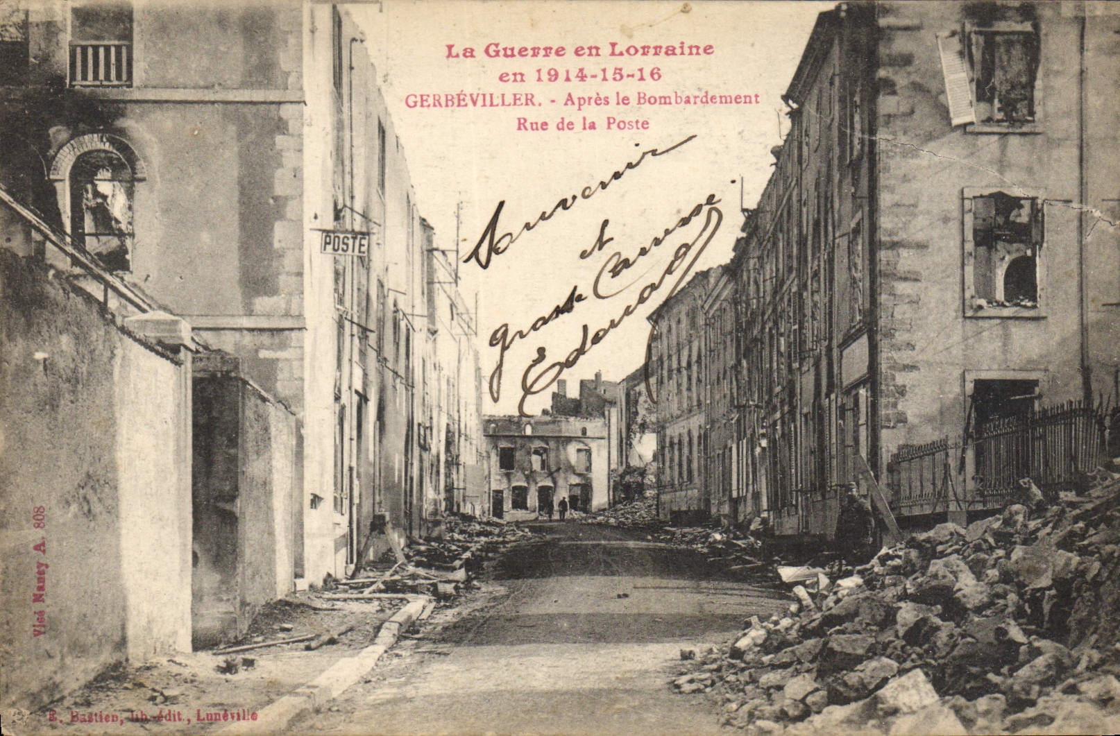 Gerbéviller — Après le Bombardement — Rue de la Poste — B. Bastien, lith. Edit., Lunéville