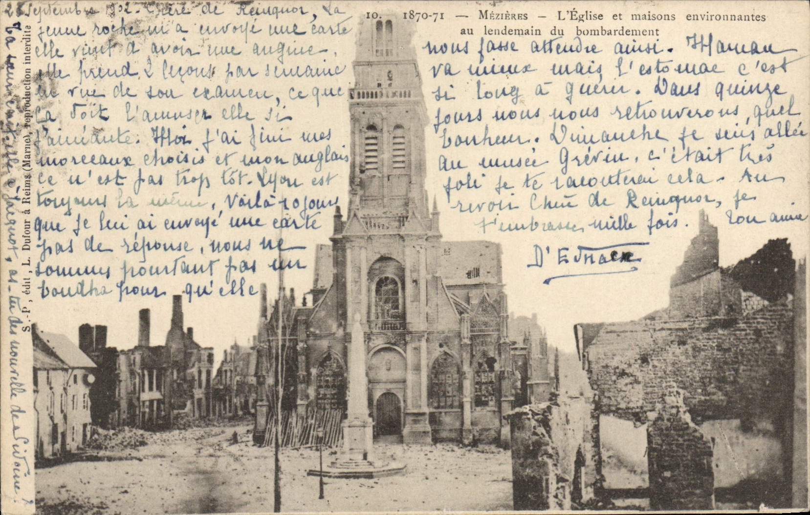 Mézières — L'Église et maisons environnantes — S.P. édit. L. Dutoit à Reims, n°10