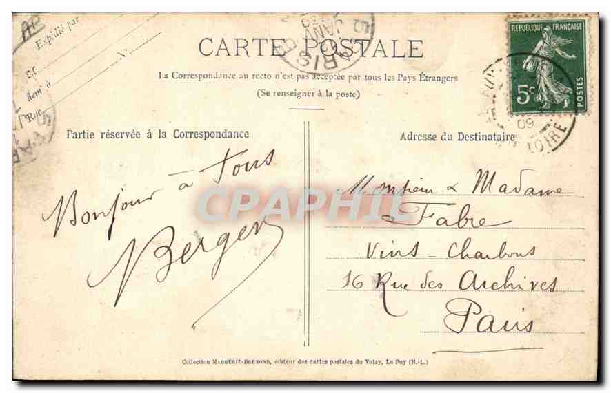 Type du vieux paysan rasé de la Haute-Loire — "Le Velay Illustré" n°313 — Cliché M. B. Rep. int. — Verso