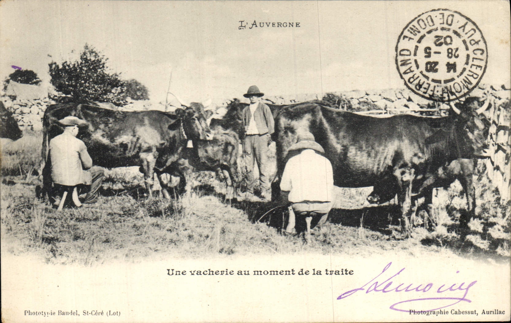 Une vacherie au moment de la traite — L'Auvergne — Phototypie Baudel, St-Céré (Lot)