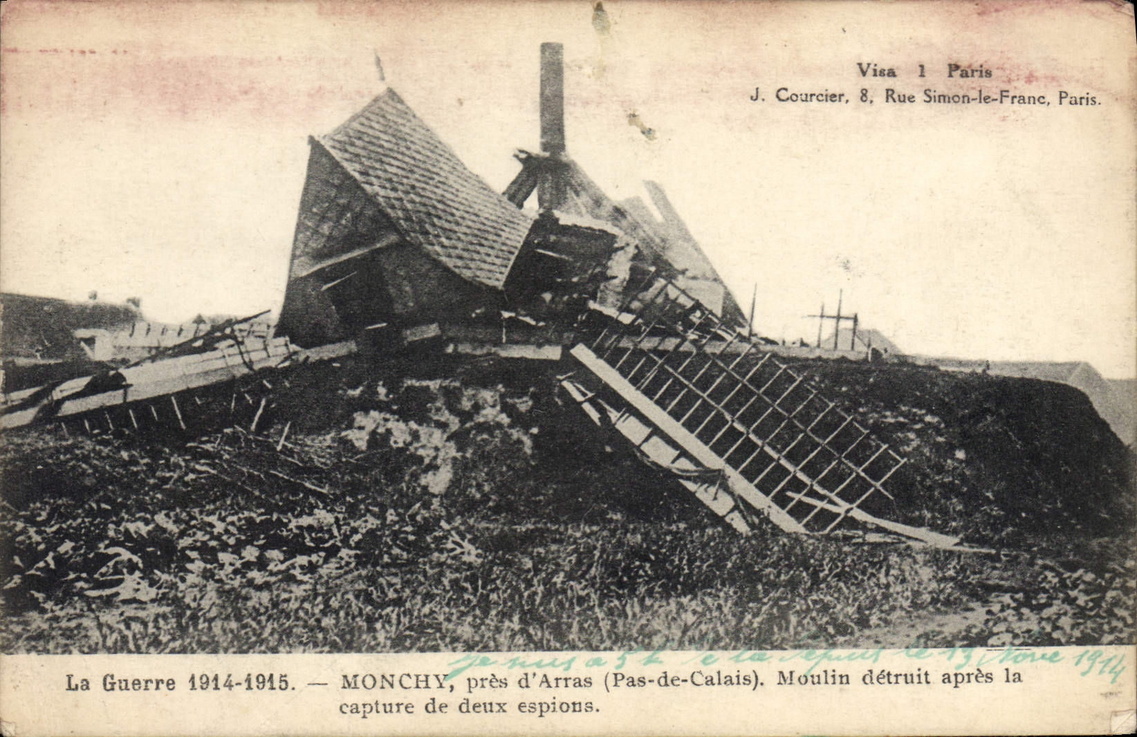 Monchy-près-Arras — Moulin détruit après la capture de deux espions — J. Courcier, 8 Rue Simon-le-Franc, Paris