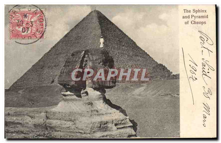 CPA Egypte Egypt Port-Said  The sphinx and pyramid of Cheops Timbre Port Said