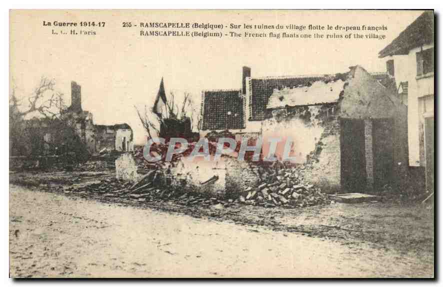 Ramscapelle (Belgique) — Ruines du village avec drapeau français — L. t. H. Paris, n° 255