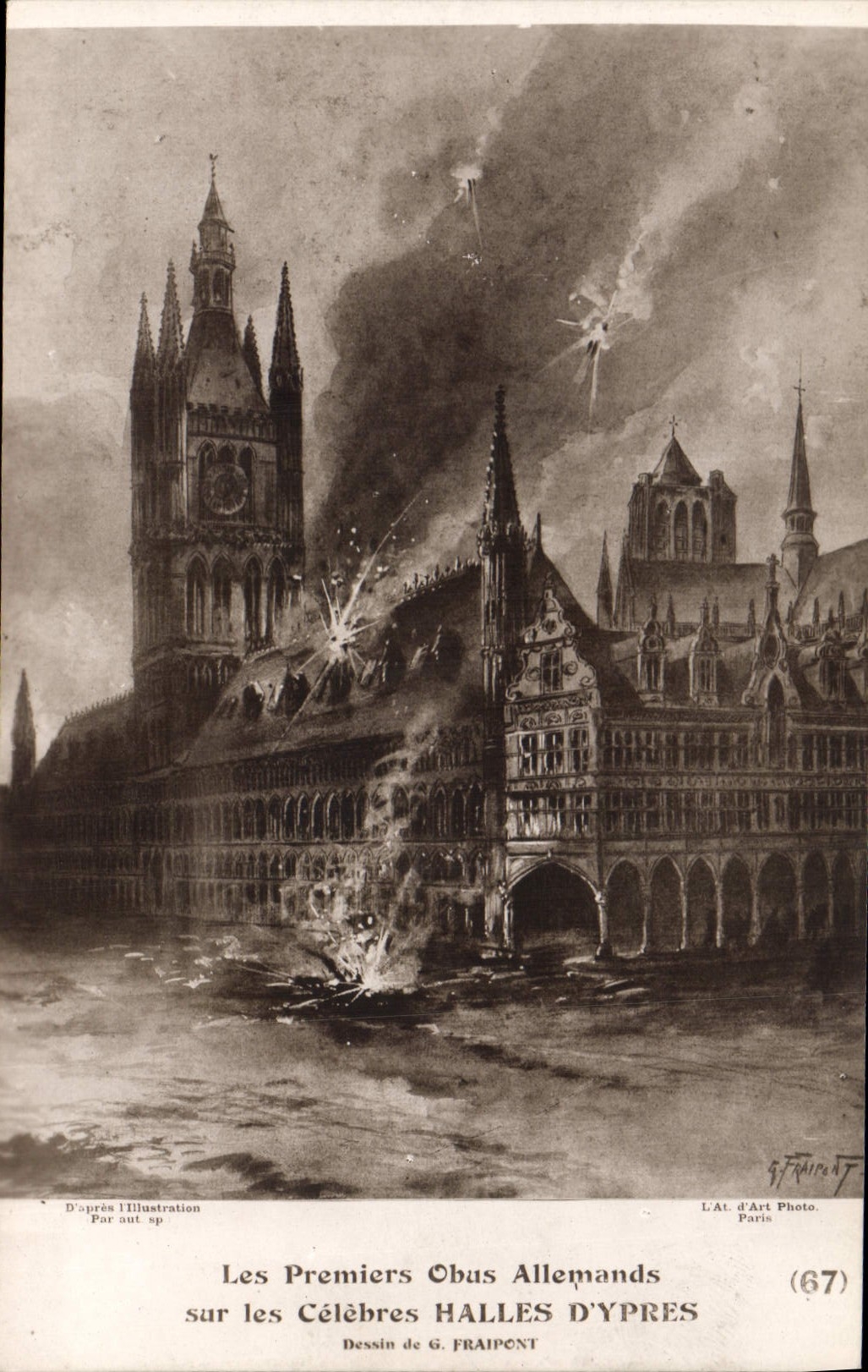Les Premiers Obus Allemands sur les Célèbres HALLES D'YPRE — Dessin de G. FRAIPONT — L'At d'Art Photo, Paris (67)