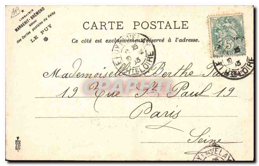 Environs du Puy — Type de l'ancien costume de toilette des riches paysannes du Velay (chapeau à l'ombrage) — Cliché M. B. — Reprod. Interd — LE VELAY ILLUSTRÉ — Rückseite