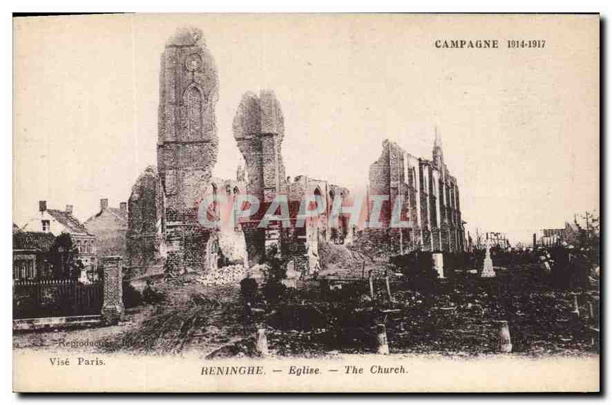Reninghe — Église — Ruines après la guerre — Éditeur : Impr. Phot. Neurouin & Cie, Paris