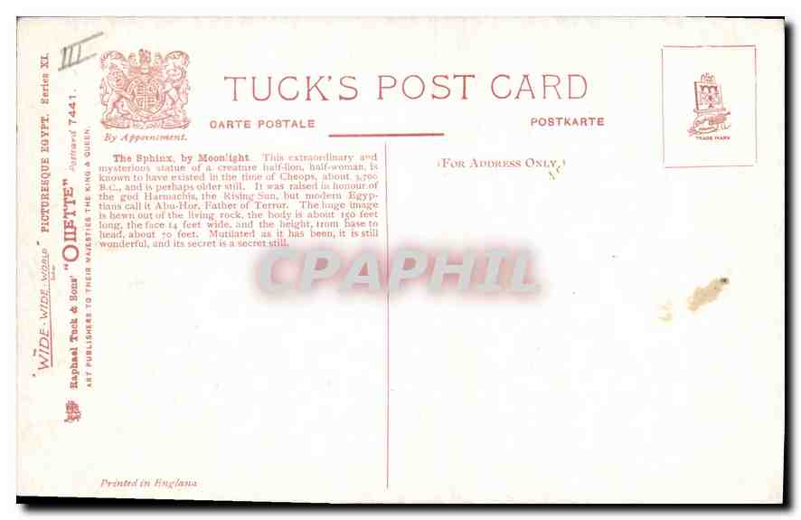 La Sphinx sous la lumière de la lune — Tuck's Post Card, série XI — Verso