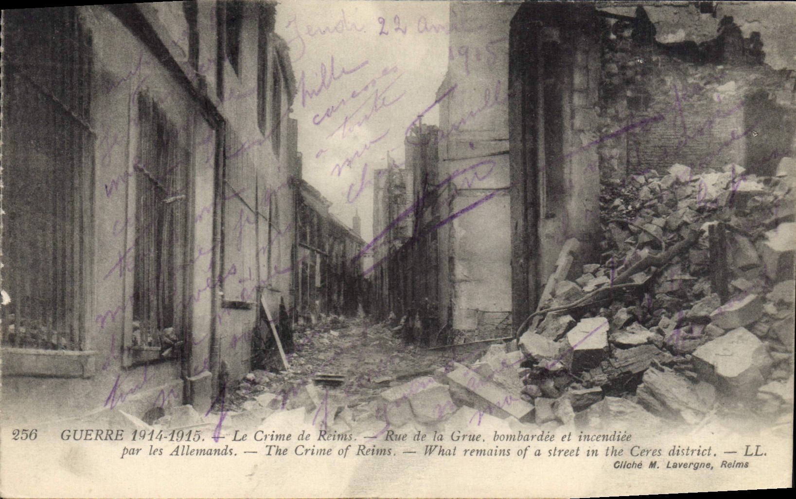 Rue de la Grue, Reims — Ruines après bombardement — Gliché M. Lavergne, Reims