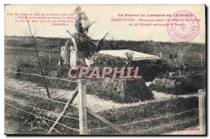 CPA Militaria La Guerre en Lorraine en 1914 1916 Gerbeviller Monument eleve a la memoire des solsets