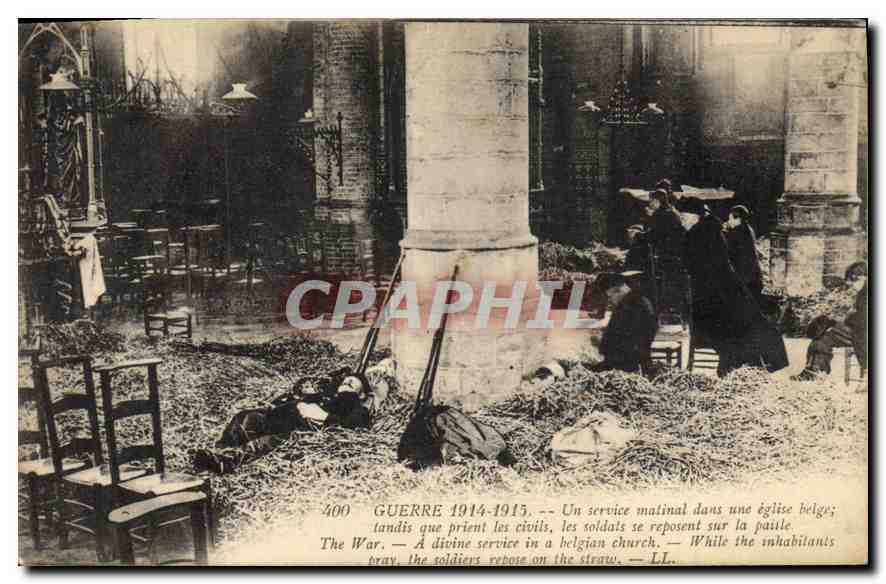 Soldaten, die in einer belgischen Kirche ruhen — Krieg 1914-1915 — Serie 400 — Verlag LL