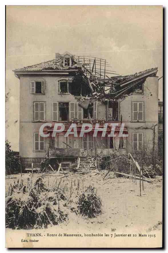 Thann - Route de Massevaux, bombardée les 7 Janvier et 10 Mars 1915 — Édit. Stuber