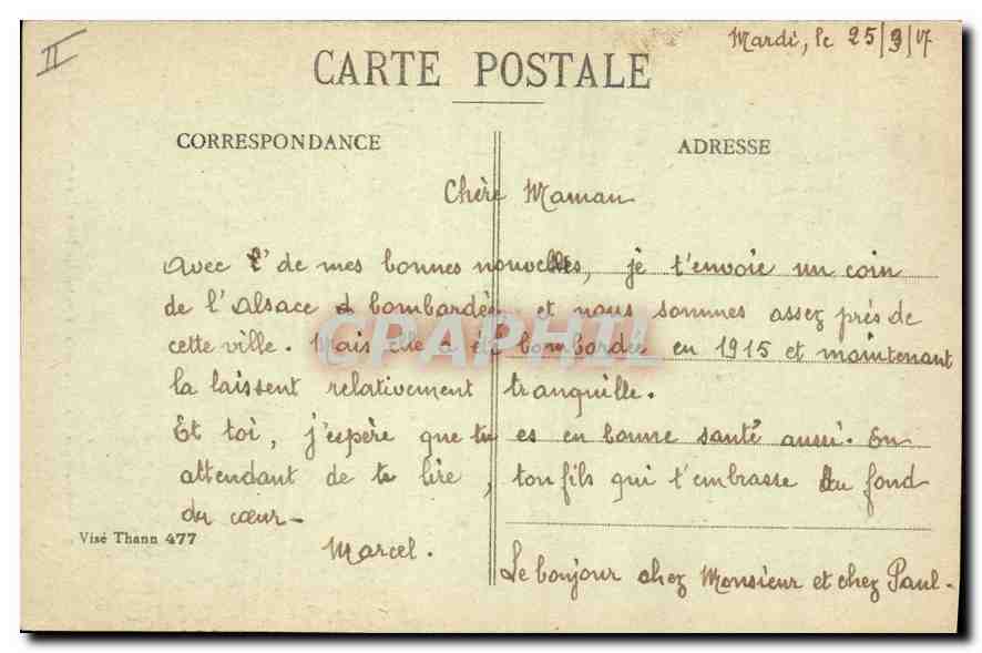 Thann - Route de Massevaux, bombardée les 7 Janvier et 10 Mars 1915 — Édit. Stuber — Back