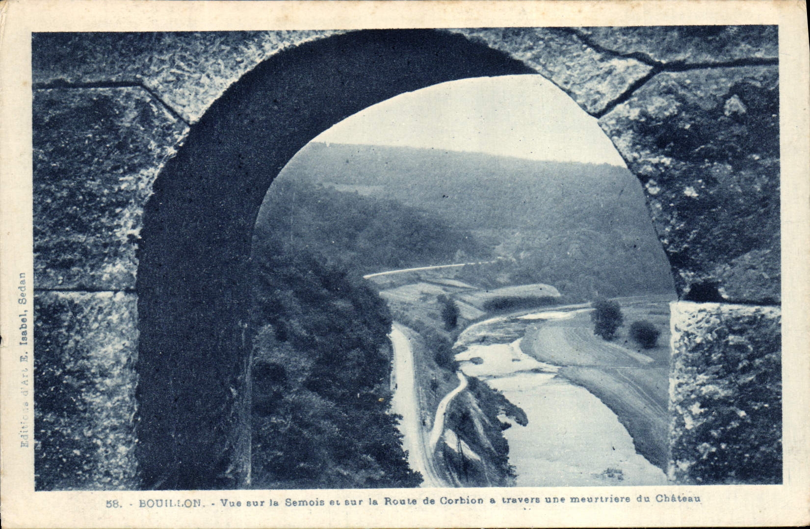 CPA Bouillon Vue sur la Semois et sur la Route de Corhion a travers une meurtriere du Chateau 