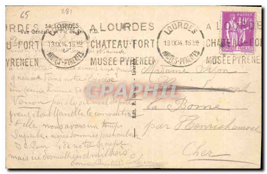 CPA Lourdes Vue generale et Pic  — Verso