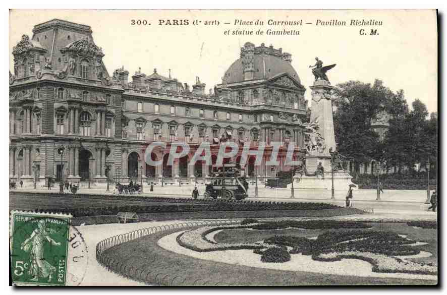 CPA Paris Place du Carrousel Pavillon Richelieu et Statue de Gambella 