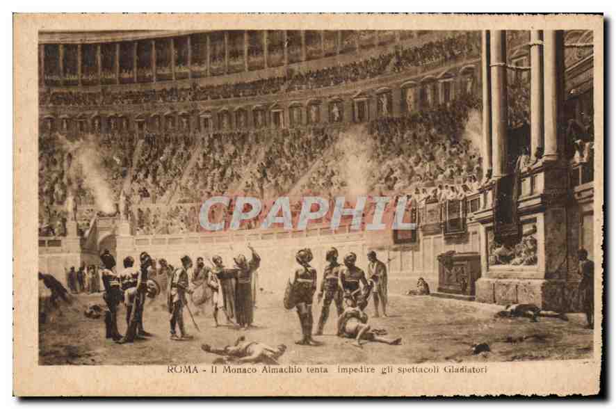 Roma - Le Monarque Almachio tente d'interdire les spectacles de gladiateurs — Éditeur E. G. D. V.