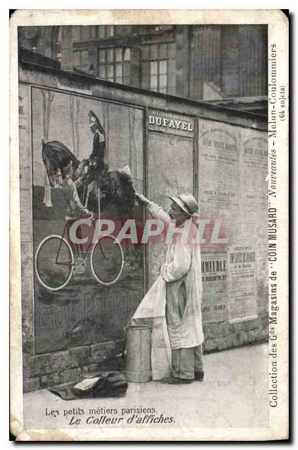 Antike Ansichtskarte Les Petits Metiers Parisiens Der Plakatkleber Fahrrad Militaria Paris