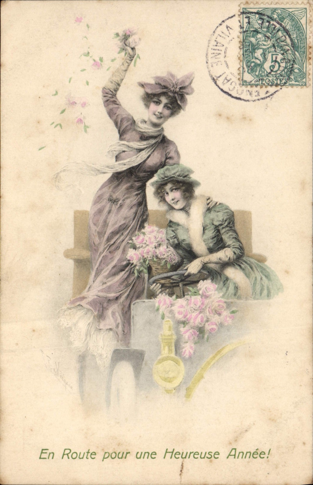 Deux jeunes femmes avec roses — En Route pour une Heureuse Année! — M. M. Vienne, n° 240