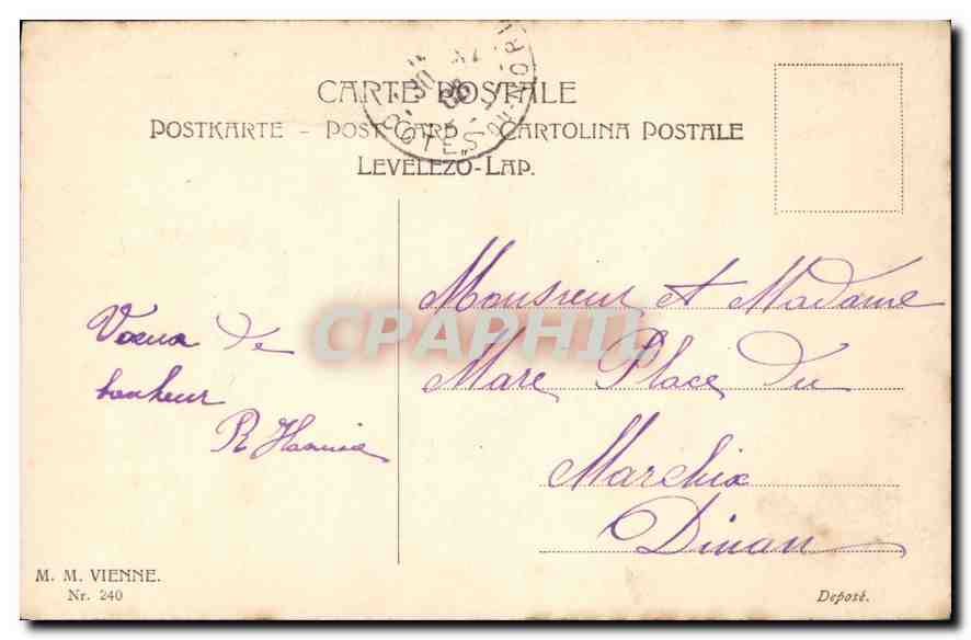 Deux jeunes femmes avec roses — En Route pour une Heureuse Année! — M. M. Vienne, n° 240 — Verso