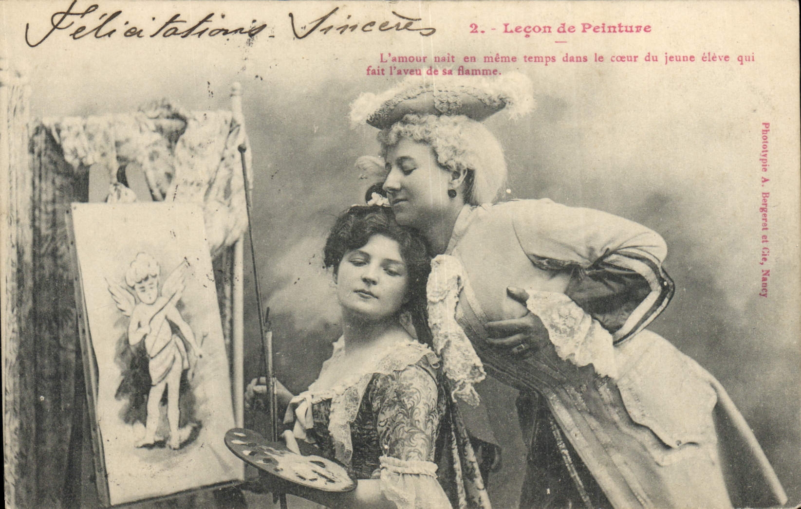 CPA Lecon de Peinture L'amour nait en meme temps dans le coeur Femme