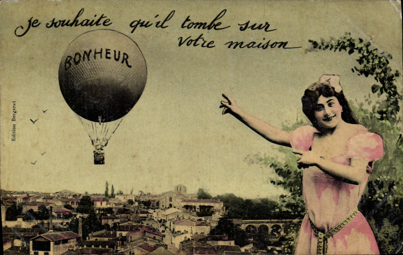 Ballon à air chaud portant 'BONHEUR' — jeune femme en robe rose — Edition Bergeret