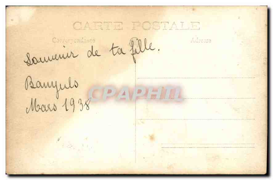 Femme assise sur un rocher — plage — carte postale de Banyuls, Mars 1938 — Rückseite