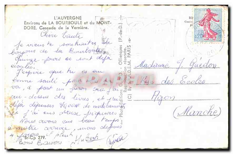 CPA L'Auvergne Environs de la Bourboule et du Mont Dore Cascade de la Verniere  — Rückseite