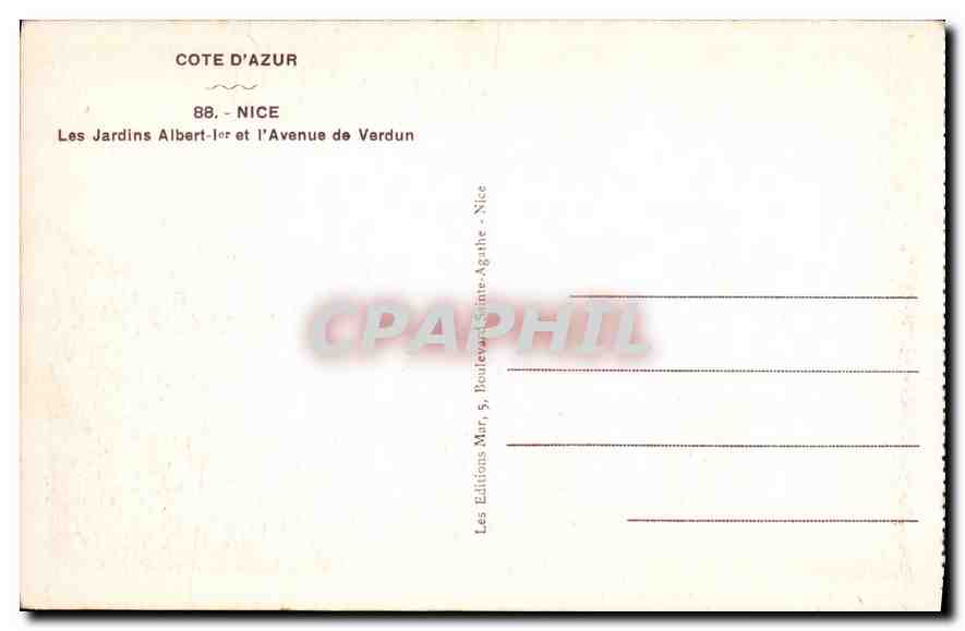 CPA Cote d'Azur Nice les Jardins Albert 1er et l'Avenue de Verdum  — Rückseite