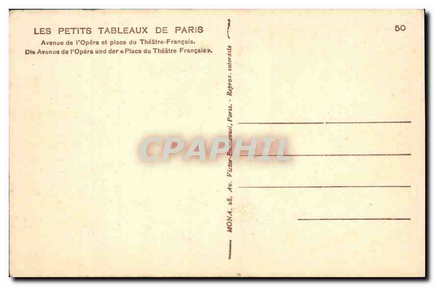 CPA Les Petits Tableaux de Paris Avenue de l'Opera et place du Theatre Francais  — Rückseite