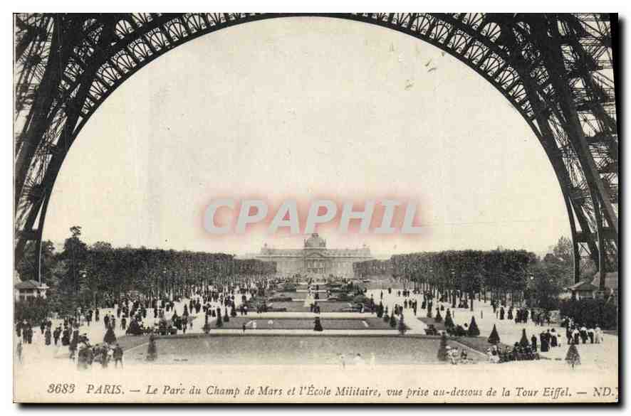 CPA Paris Le Parc du Champ de Mars et l'Ecole Militaire vue Prise au dessous de la Tour Eiffel 