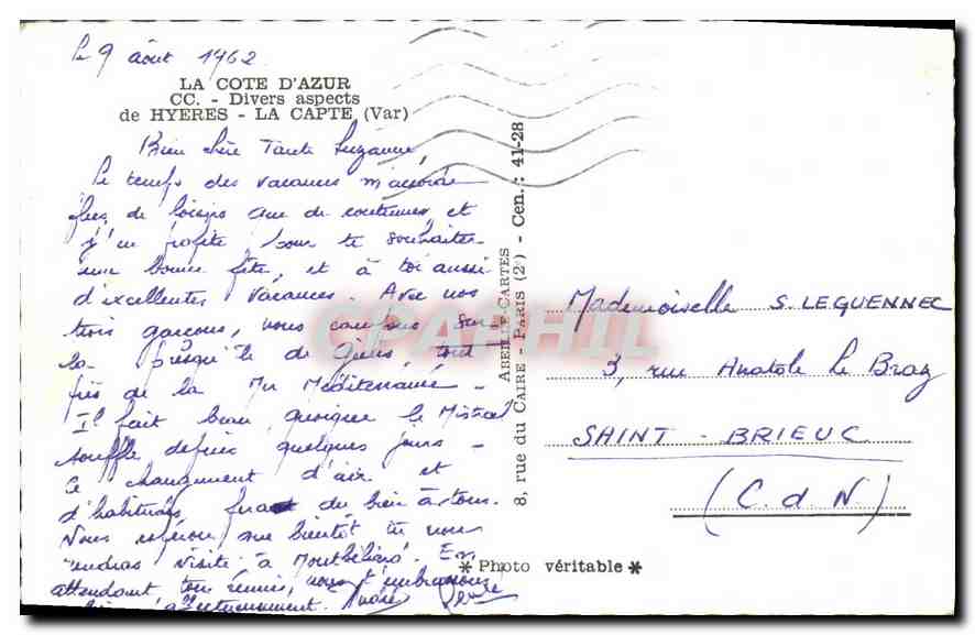 CPA La Cote d'Azur Hyeres La Capte  — Verso