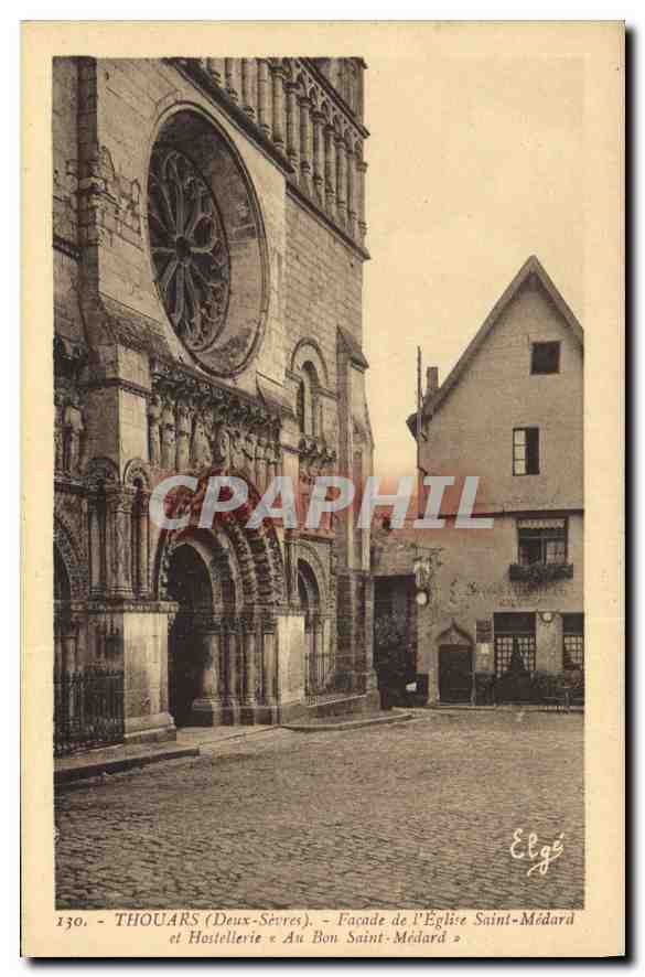 Thouars (Deux-Sèvres) — Façade de l'Église Saint-Médard et Hostellerie « Au Bon Saint-Médard » — Éditeur Elgé, n° 130